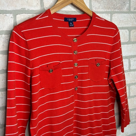 Red and White Striped Light Weight Sweater 3/4 Length Sleeves - Picture 2 of 6